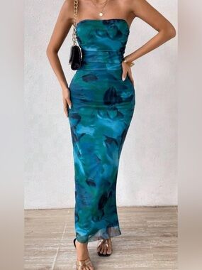 Teal, Green Watercolor Maxi Dress Elegant Fit M